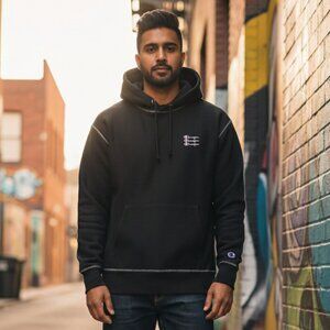 Champion Reverse Weave Black Hoodie XL Triple Script Logo Contrast Heavyweight